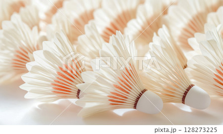 Shuttlecocks arranged on a white surface 128273225