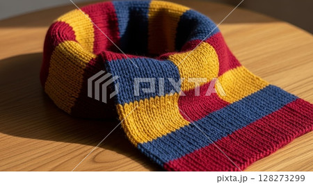 Knitted Striped Scarf in Burgundy Yellow and Navy Blue Wool Yarn	 128273299