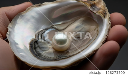 Lustrous White Pearl Inside Iridescent Oyster Shell Held by Hand Macro Photography	 128273300