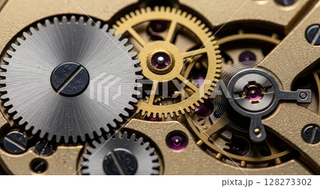 Macro Clockwork Mechanism Gears Intricate Mechanical Watch Movement	 128273302
