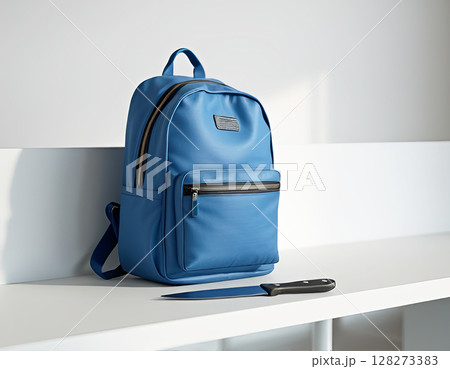 Blue backpack on a white bench next to a sharp kitchen knife, social education and security issues 128273383
