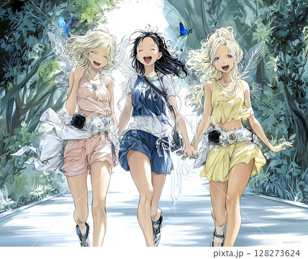 森を散歩するピクシー妖精三姉妹のイラスト素材　少年期 128273624