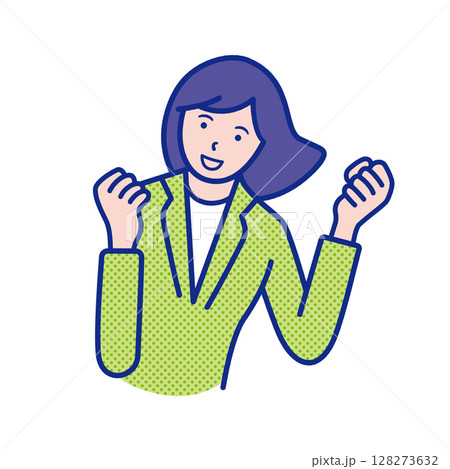 ガッツポーズをする女性の上半身イラスト素材 128273632
