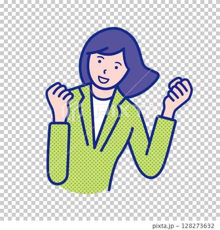 ガッツポーズをする女性の上半身イラスト素材 128273632