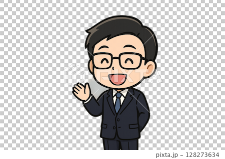 一位戴眼鏡的銷售員微笑著舉手打招呼（辦公室背景，中間留白） 128273634