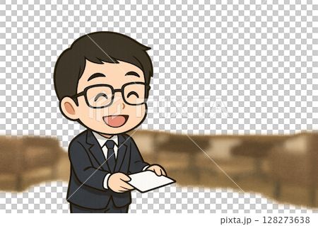 一位戴眼鏡的銷售員微笑著遞上文件（會議室背景，中間有空白） 128273638