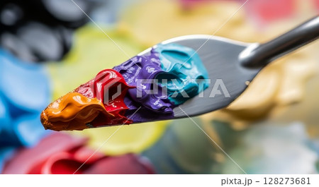Vibrant Artists Palette with Mixed Paint Colors on Palette Knife Macro Photography 128273681