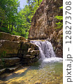 Water flows over rocks creating a waterfall surrounded by green foliage. Sunlight filters through trees, casting gentle shadows. Concept of nature exploration, eco-tourism, mindfulness. 128273708