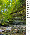 Clear stream meanders through forested area with rich green trees and layered rocky cliffs. Sunlight filters through leaves creating tranquil atmosphere. 128273720