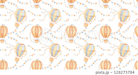 Seamless pattern with watercolor vintage hot air balloon and garland. Hand drawn illustrations for kids and baby in beige colors. Seamless pattern with watercolor vintage hot air balloon and garland. Hand drawn illustrations for kids and baby in beige colors. 128273784