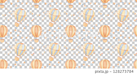 Seamless pattern with watercolor vintage hot air balloon and garland. Hand drawn illustrations for kids and baby in beige colors. Seamless pattern with watercolor vintage hot air balloon and garland. Hand drawn illustrations for kids and baby in beige colors. 128273784