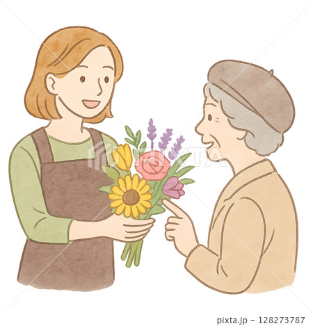花屋　店員　女性　イラスト　水彩風 128273787