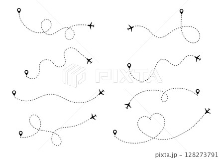 Plane icon and flight vector with path on air map. Route and trip traced by dot toward the airport or destination. 128273791