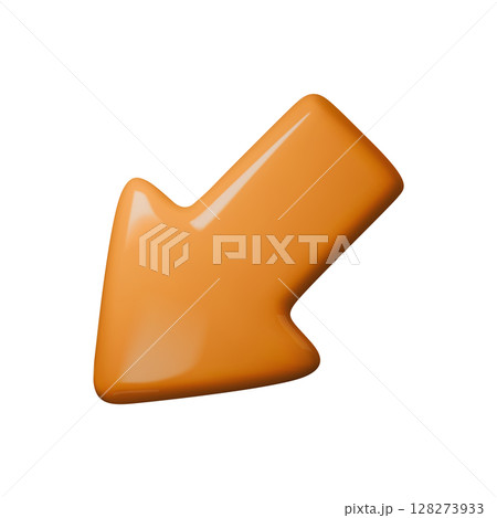Bright 3D orange arrow vector illustration. Perfect for emphasizing direction, navigation, or download concepts in graphic design projects. Trendy, bold, and eye-catching stock image. 128273933