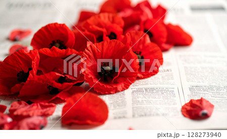 英字新聞の上に並べた赤いヒナゲシの花 英字新聞の上に並べた赤いヒナゲシの花 128273940