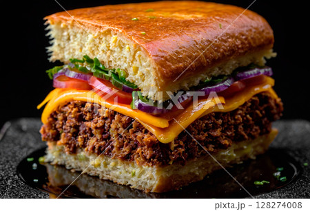 Macro photo of tortas on black glossy pla 128274008