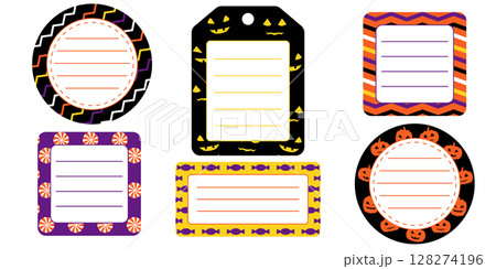 Set of stickers and labels with bats, spiders, whitch hat in orange, purple, yellow and black colors. Halloween themed labels. Round, square and rectangle halloween labels 128274196