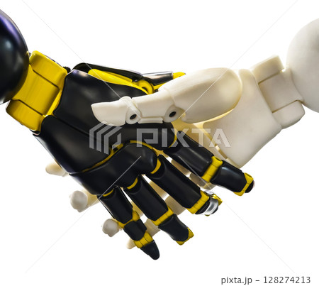 Robotic hands shaking in a demonstration of technology and human connection in a modern setting 128274213