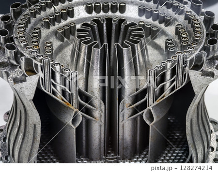 Detailed view of an intricate 3D printed metal structure showcasing advanced additive manufacturing techniques 128274214