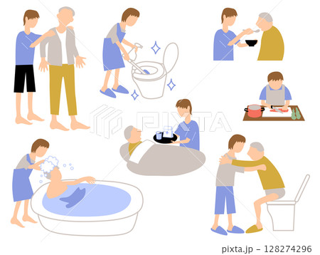 高齢者を介護するヤングケアラーのイラストセット 128274296