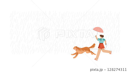 Girl with umbrella and dog are running in the rain 128274311
