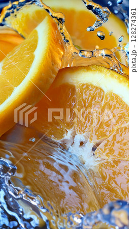 Textured abstract background with macro orange slice and a water splash. Macro photography. Textured abstract background with macro orange slice and a water splash. Macro photography. 128274361