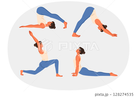 Woman fitness trainer takes different positions from pilates and gymnastics to develop flexibility 128274535