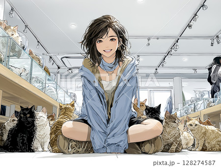 ネコカフェ　ネコに囲まれて笑顔になる女性のイラスト素材 128274587