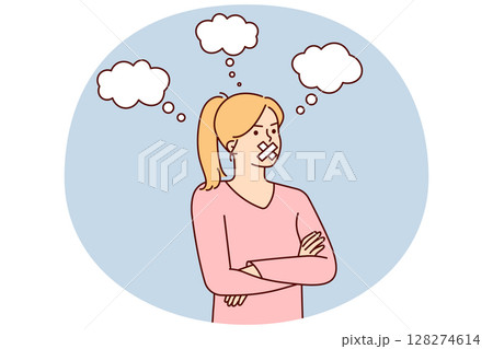 Woman with mouth sealed stands with arms crossed arranging boycott due to resentment or censorship 128274614