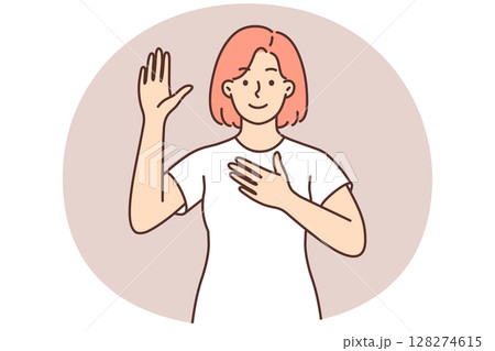 Woman promises to tell truth or takes solemn oath and swears with hand over heart and raising palm Woman promises to tell truth or takes solemn oath and swears with hand over heart and raising palm 128274615