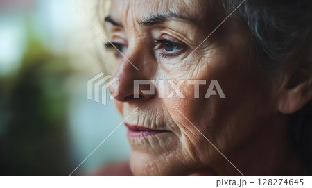 Mature European Woman Contemplative Closeup Soft Lighting Aging Gracefully 128274645