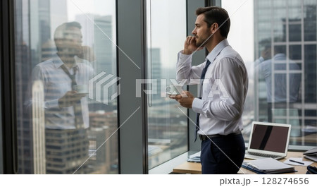 Pensive Businessman Drinking Coffee Looking Out Office Window with City Skyline Reflection Pensive Businessman Drinking Coffee Looking Out Office Window with City Skyline Reflection 128274656