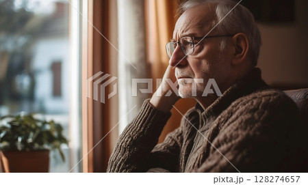 Pensive Elderly European Man Gazing Out Window in Knitted Sweater Feeling Contemplative 128274657