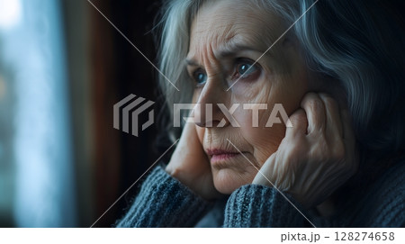Pensive Elderly European Woman Gazing Thoughtfully by Window in Blue Sweater 128274658