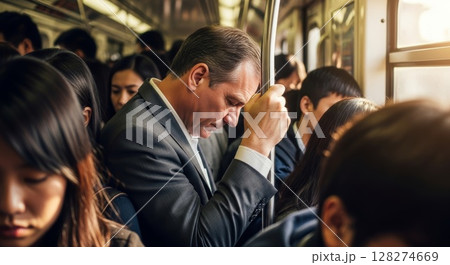 Stressed Businessman Commuting on Crowded Subway during Rush Hour 128274669