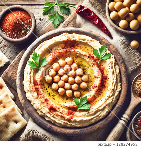 Close-up images of creamy hummus topped with whole chickpeas, drizzled with olive oil, and garnished with fresh parsley. Served alongside toasted pita bread, the setting is rustic and earthy 128274955