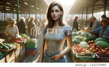 In the bustling ambiance of the local farmers market, a young woman delicately examines fresh produce under the warm glow of the morning light. In the bustling ambiance of the local farmers market, a young woman delicately examines fresh produce under the warm glow of the morning light. 128274960