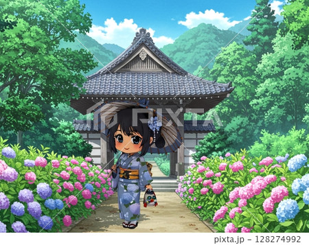梅雨の晴れ間に紫陽花柄の夏の和服で参拝する若い女性 梅雨の晴れ間に紫陽花柄の夏の和服で参拝する若い女性 128274992