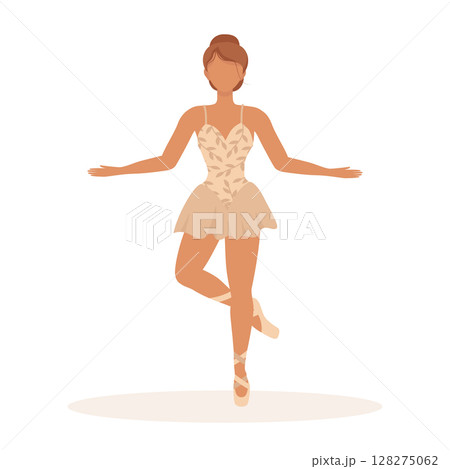 A ballerina girl dances in a beautiful beige short dress and pointe shoes. Elegant vector illustration of a performance in pink tones for design or decor. 128275062