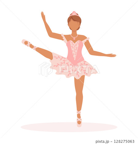 Ballerina girl dancing in a beautiful tutu dress and pointe shoes. Elegant vector illustration of a performance in pink tones for design or decor. 128275063