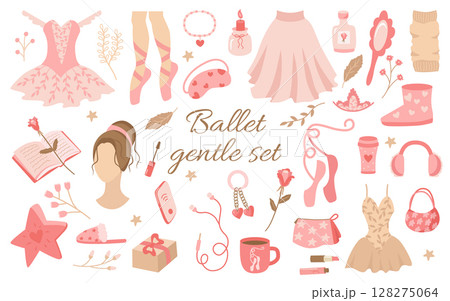 Ballet is a delicate set of feminine elements in shades of pink. Cute items pointe shoes, tutu, perfume, book, candle, ugg boots, phone, headphones, coffee. Vector collection for design or decoration 128275064