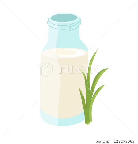 Glass jar with milk and a bush of green grass. Vector isolated illustration for design or decoration. 128275065