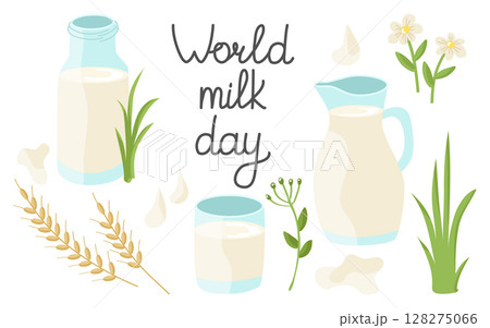 World Milk Day set of healthy drink with jug, jar, glass, lettering, grass, flowers. Vector illustration for design or decoration. 128275066