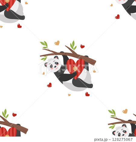 Seamless pattern with panda on a tree and hearts. Vector background in cartoon style for festive design on February 14, Valentine's day, printing on paper, fabric, packaging. 128275067
