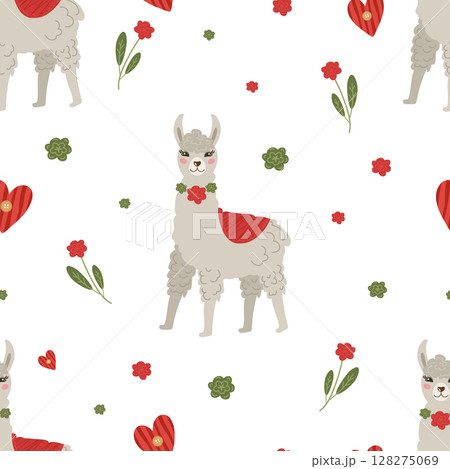 Seamless pattern for Valentine's Day with llama, flowers and hearts. Vector background for the decoration of the holiday on February 14, printing on paper, fabric, scrapbooking. Seamless pattern for Valentine's Day with llama, flowers and hearts. Vector background for the decoration of the holiday on February 14, printing on paper, fabric, scrapbooking. 128275069