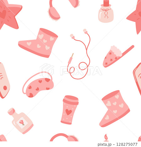 Seamless pattern with cute female items, headphones, phone, pillow, ugg boots, slippers, candle, perfume. Elegant vector background in pink tones for printing on fabric, paper, packaging, wallpaper 128275077