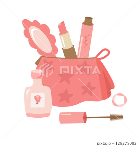 Women's cosmetic bag with lipstick, mascara, perfume, mirror. Isolated vector illustration. A clipart of items for self-care, makeup application. Women's cosmetic bag with lipstick, mascara, perfume, mirror. Isolated vector illustration. A clipart of items for self-care, makeup application. 128275082