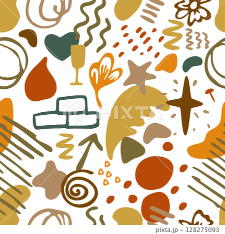 Abstract seamless pattern, hand-drawn in the style of doodles. Spots, stripes, drops, star, zigzag, handwriting, leaves. Vector background for printing on paper, textiles, fabric, packaging. Abstract seamless pattern, hand-drawn in the style of doodles. Spots, stripes, drops, star, zigzag, handwriting, leaves. Vector background for printing on paper, textiles, fabric, packaging. 128275093