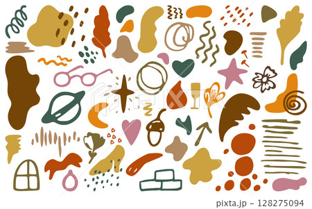 Abstract shapes set hand-drawn in doodle style. Spots, smudges, stripes, flowers, drops, glasses, planet, shoes, star, glass, zigzag, handwriting, leaves. For design or decor in a cute casual style. 128275094