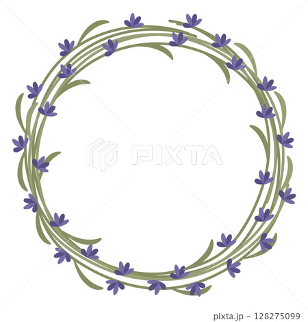 Round wreath of lavender twigs. Beautiful lilac flowers with leaves. The vector illustration is isolated. For design or postcard 128275099